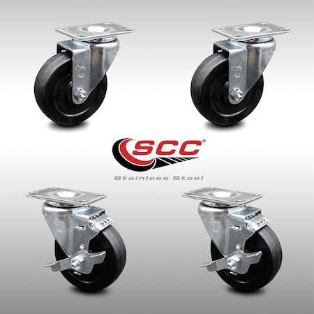 Service Caster 4 Inch SS Soft Rubber Wheel Swivel Top Plate Caster Set with 2 Brakes SCC SCC-SS20S414-SRS-2-TLB-2